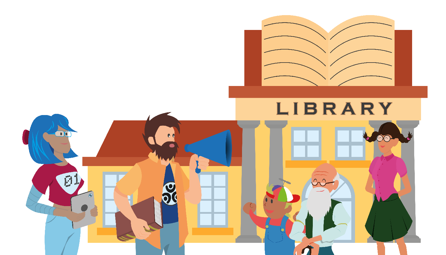 Zīmēts attēls ar bibliotēkas ēku fnā un dažādiem tās apmeklētājiem priekšplānā